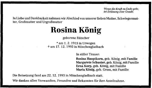 Raetscher Rosina 1915-1993 Todesanzeige